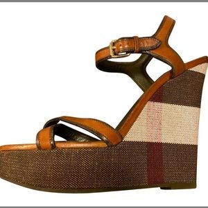 Burberry Tan Leather & Signature Check Wedge Sandals